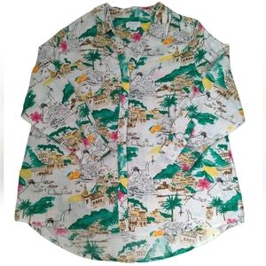 Cynthia Rowley 100% Linen button shirt blouse, women's 1X, Coast Print